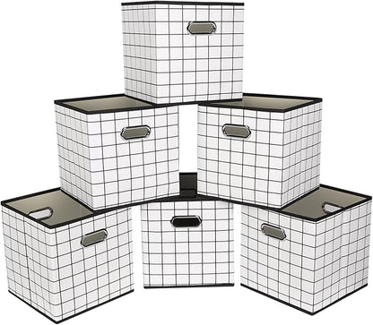 Fabric Cloth Storage Bins,Fabric Cube Organizer with Dual Handles Foldable Cube Storage Baskets for Home Bedroom Storage,Set of 6,(White grid)
