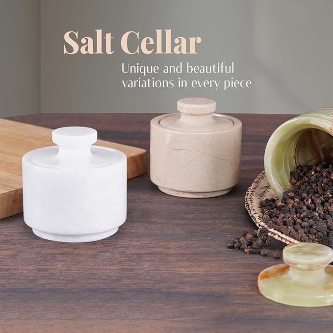 MARBLOUS KRAFTS Marble Salt Cellar with Lid 3" Inch White Salt Box, Stone Salt Container & Spice Jars, Stone Salt Holder for Counter, Spice Jar & Salt Jar