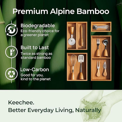 keechee 6-Piece Bamboo Drawer Organizer Set, 2.2" Deep Multi-Use Organizers for Utensils, Silverware, Cutlery, Desk, Bathroom, Junk Drawer & Makeup, Non-Slip Feet Included.