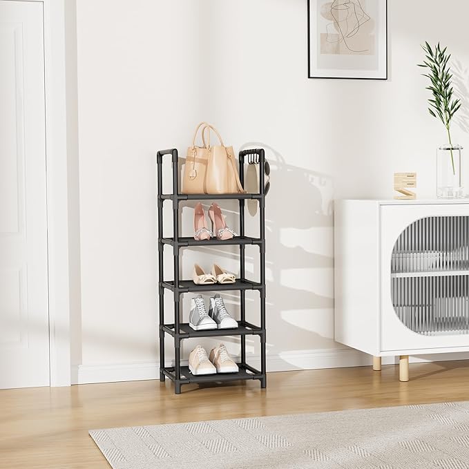 LANTEFUL Narrow Shoe Rack 5 Tier Shoe Shelf Storage for 5-10 Pairs Shoe and Boot, Sturdy Shoe Storage Space Saving Corner Shoe Rack Organizer for Closet, Entryway, Living Room, Black