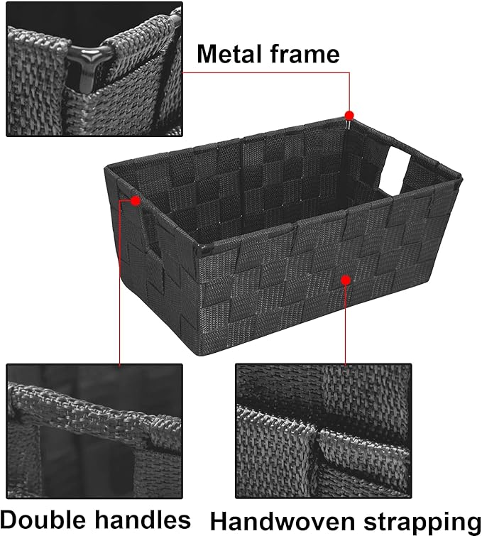 Storage Baskets for Organizing, Woven Organizer Baskets for Shelves, Small Strap Shelf Baskets for Bathroom Storage, Grey, Set of 4