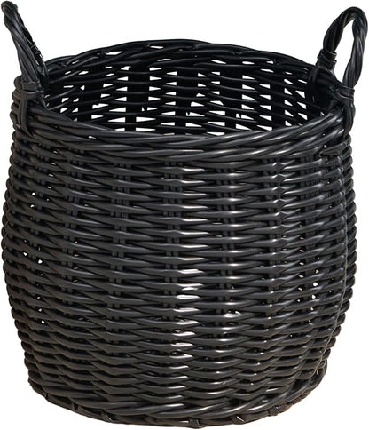 Isidore Round Resin Woven Basket with Handles | Multi-Purpose Organizer for Halloween & Thanksgiving Storage, Laundry, and More (13" x 13" x 10.2" - Black)