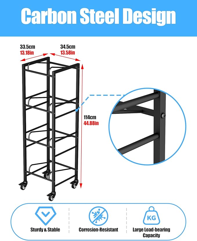 4 Tier 5 Gallon Water Jug Holder with 4 Lockable Wheels - Water Bottle Rack Organizer with Movable Casters, Heavy Duty Water Storage Rack Dispenser Stand for Kitchen Office Garage/Black