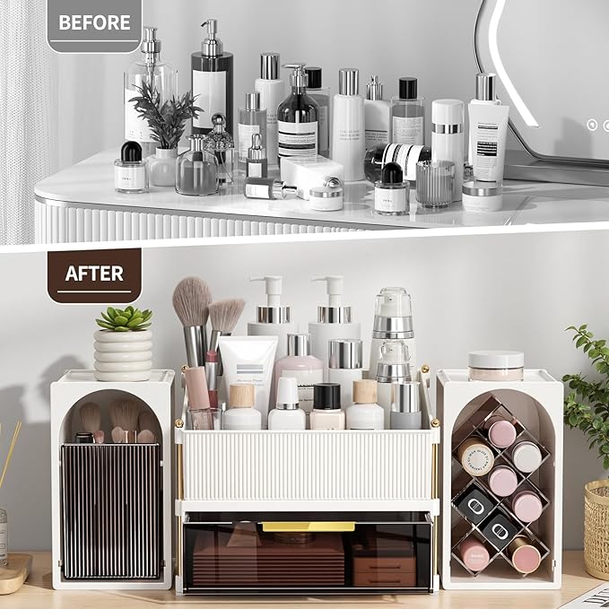 INVSSENE Stackable Makeup Organizer Countertop, Storage Perfume Skincare Cosmetic Lipstick Face Mask Makeup Brush Palettes, Ideal for Vanity Bathroom Counter