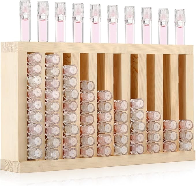Wonderjune 1 Pcs Wooden Lipsticks Holder 0.7 inch Lip Balm Tube Holder Lip Gloss Organizer Display Wood Lipsticks Tube Tower Organizer for Market Craft Booth Room Display (10 Slot)
