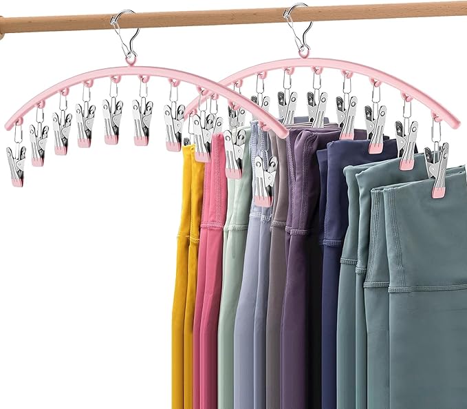 2 Pack Pink Legging Organizer for Closet, Metal Yoga Pants Hangers w/10 Clips Holds 20 Leggings Hangers Space Saving Hanging Organizer w/Rubber Coated Closet for Organizers and Storage