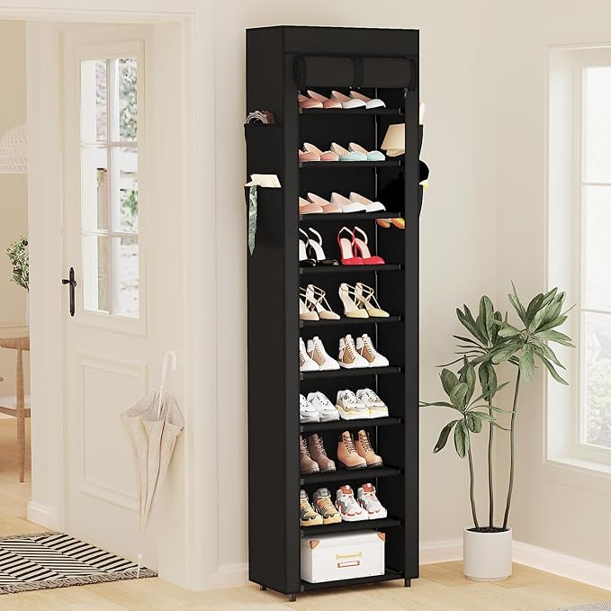 Mavivegue Shoe Rack with Cover, 10 Tier Tall Shoe Organizer for 18-22 Pairs of Shoes, Shoe Organizer with 4 Side Pockets, Shoe Cabinet for Entryway, Closet