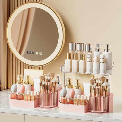 DASITON Large Capacity Makeup Organizer with 360° Rotating Makeup Brush Holder, Perfume and Skincare Storage Organizers for Vanity Bathroom Countertop, Cosmetic Display Case (Pink, 2 Tier)