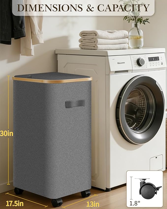 Laundry Hamper with Wheels, 110L Large Clothes Hamper with Removable Inner Bag, Collapsible Dirty Clothes Basket for Dorm, Rolling Dirty Clothes Basket for, Bedroom, Bathroom, Laundry Room