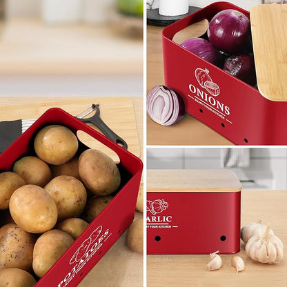 Kitchen Vegetable Storage Set of 3, Metal Onion Garlic Potato Storage Set, Kitchen Canisters Vegetable Keeper Containers with Aerating Holes and Wooden Lid (Red)