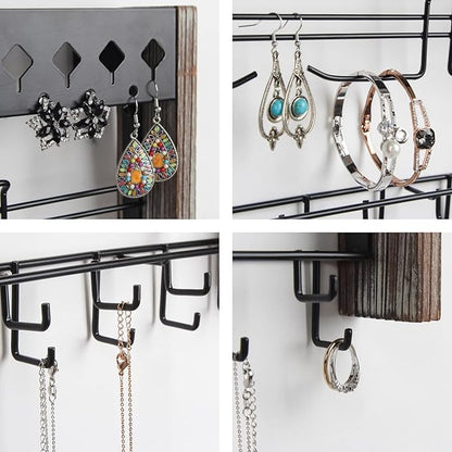 JackCubeDesign MK460A - Wood Wall Mount Jewelry Organizer with Metal Hooks (Rustic Wood)