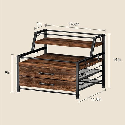 Homsorout Coffee Syrup Rack Organizer - 4-Tier 8 Syrup Wine Bottles Stand with 82 Storage Drawer for K Cups, Coffee Pod Holder for Countertop, Bar Station, Kitchen, Rustic Brown