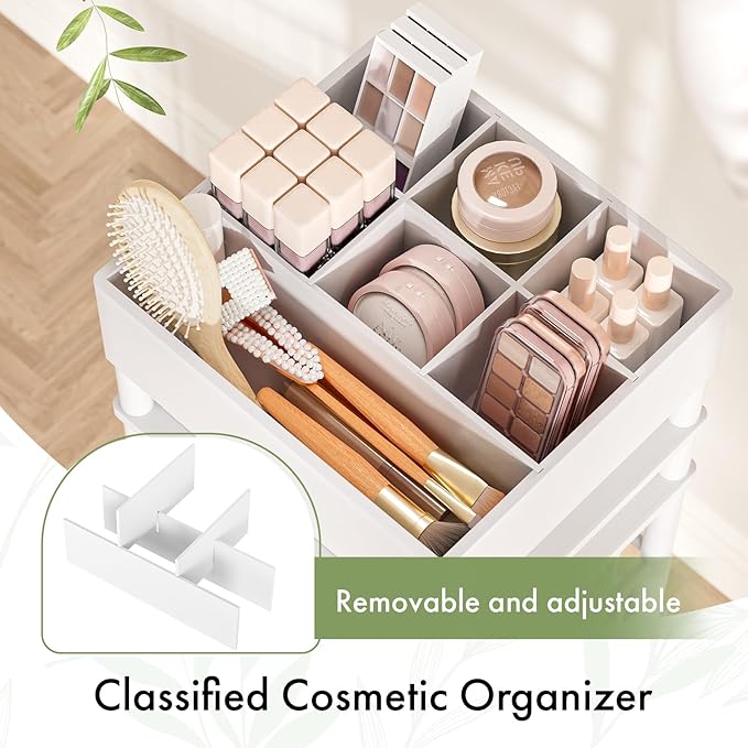 Amazer Bamboo Makeup Organizer Cart with 3 Drawers, Floor Skin Care Storage for Bathroom Bedroom, Rolling Vanity Organizer Cart for Cosmetic, Nail Polish, Perfume and Hair Tools, White