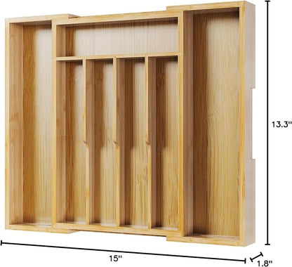 Kitsure Silverware Organizer - Expandable Bamboo Kitchen Drawer Organizer for Cooking Utensils and Cutlery, Sturdy & Thickened Kitchen Organizers and Storage Solution, Medium, Natural