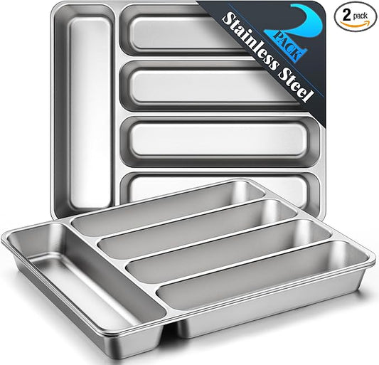 IKOCO 2-Pack Silverware Organizers Stainless Steel Kitchen Drawer Organizer with 5 Compartments, Dishwasher Safe for Spoons Forks Knives (13.8”x11.4”x1.6, Silver)