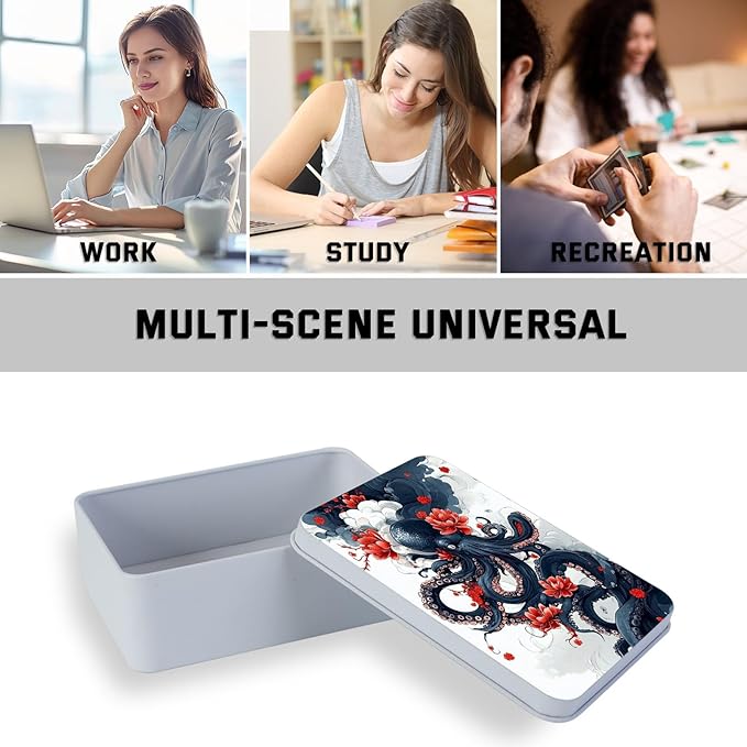 Metal Tin Box with Lid for Game Cards Home Organizer Candles Keys Crafts Storage - Equipped with 4 Magnetic Cord Clips，Octopus and Red Flower