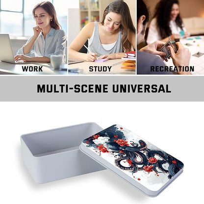 Metal Tin Box with Lid for Game Cards Home Organizer Candles Keys Crafts Storage - Equipped with 4 Magnetic Cord Clips，Octopus and Red Flower