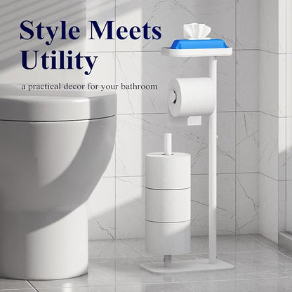 Kitsure Toilet Paper Holder Free Standing – Rustproof Metal Toilet Paper Stand for 4 Rolls with Anti-Slip Base and Shelf for Phone & Small Items, Bathroom Organizers and Storage, Medium, White