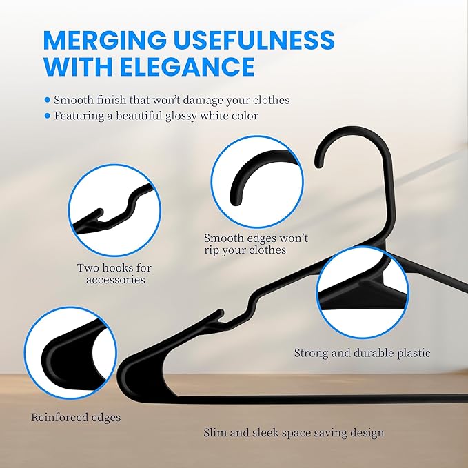 Simple Deluxe 30 Pack Lightweight Plastic Hangers, Space Saving Clothes Hangers with Non-Slip Shoulder Notches, Slim Closet Hanger for Coats, Sweater, Shirts, Pants, Black