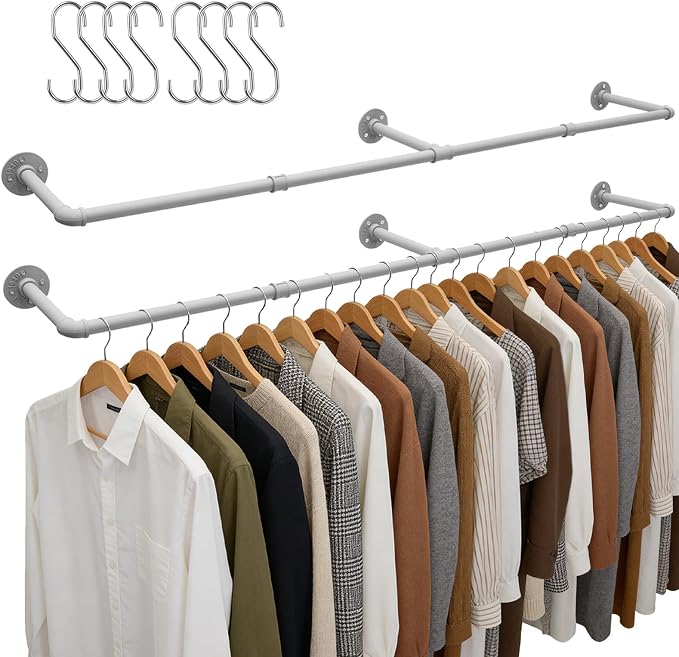 Aduanbang 65.7in Industrial Pipe Wall Mounted Clothes Rack, Heavy Duty Detachable Iron Garment Bar, Rustic Space-Saving Hanging Rod for Bedroom, Closet – Silver Gray,4 hooks