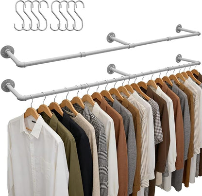 Aduanbang 65.7in Industrial Pipe Wall Mounted Clothes Rack, Heavy Duty Detachable Iron Garment Bar, Rustic Space-Saving Hanging Rod for Bedroom, Closet – Silver Gray,4 hooks