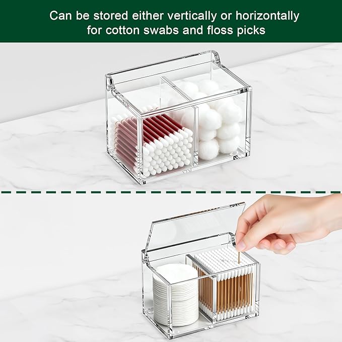 Qtip Holder Dispenser for Cotton Swabs, Balls, Pads, Floss Picks, 2 Compartments Clear Acrylic Container with Lid Apothecary Jar Bathroom Accessories Canister Vanity Storage Organizer