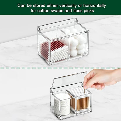 Qtip Holder Dispenser for Cotton Swabs, Balls, Pads, Floss Picks, 2 Compartments Clear Acrylic Container with Lid Apothecary Jar Bathroom Accessories Canister Vanity Storage Organizer