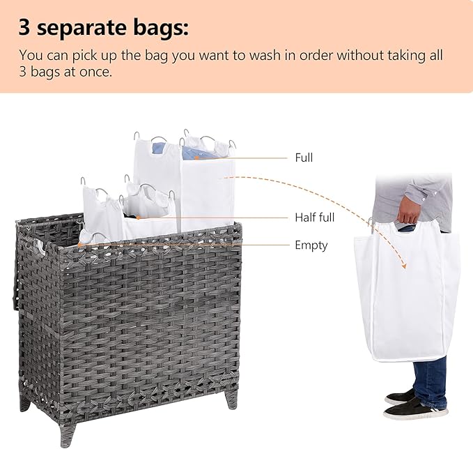 Laundry Hamper with 3 Removable Liner Bags; 132L Handwoven Rattan Laundry Basket with Lid & Heightened Feet; Clothes Hamper with Side Handles; Laundry Sorter with 3 Separate Sections