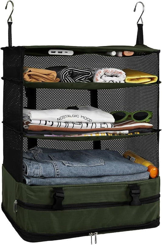 Surblue Hanging Closet Storage Bag Collapsible 3-Shelf Washable Oxford Fabric with 2 Hooks (XL 17.71 * 11.81 * 20in, Dark Green)