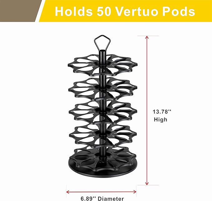 FlagShip 50 Vertuo Pods Carousel Holder Black Coffee Pod Holder 360° Rotating Rack Stand for Vertuoline Pods 5 Tier (50 Pods Capacity)