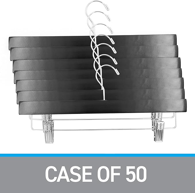 SSWBasics 14 inch Black Wood Skirt and Pants Hangers - Case of 50 - Black Wooden Pants