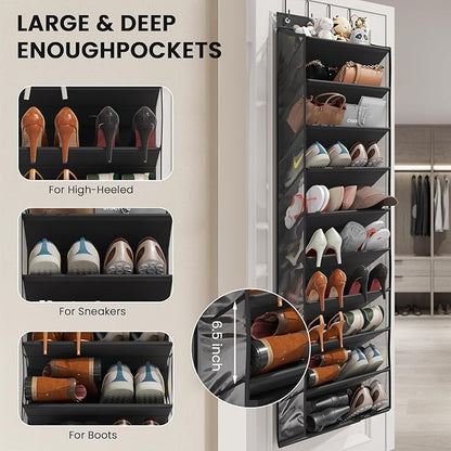 20-25 Pairs Over the Door Shoe Organizer, Clear Pockets Shoe Rack for Closet Door, 10-Tier Hanging Shoe Rack for Boots, Behind the Door Shoe Holder Fit All the Family's Sneakers, Boots, Heels, Black