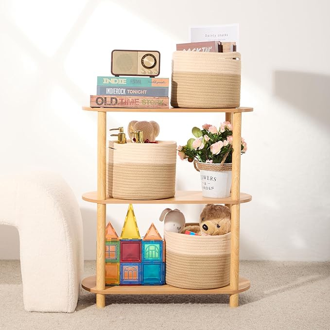 MiniArk Small Basket for Organizing | Cube Shelf Closet Storage Baskets | 9.7×9.7×7.1” | Woven Rope Gift Basket | Nursery | Round 3 Packs Tan