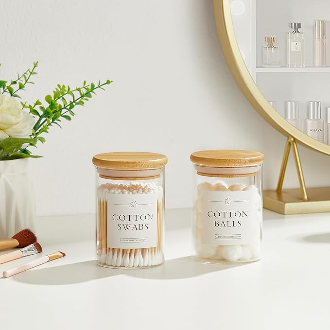 INIUNIK 2 Pack Qtip Holder Dispenser - Glass Apothecary Jars with Lids, Cotton Ball Pad Swab Round Holder, Bamboo Bathroom Accessories, Bathroom Organizers Containers Jars Canisters with Lids