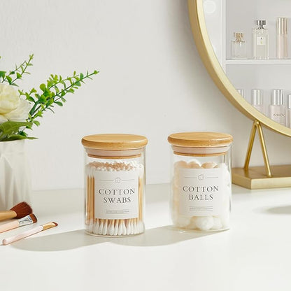 INIUNIK 2 Pack Qtip Holder Dispenser - Glass Apothecary Jars with Lids, Cotton Ball Pad Swab Round Holder, Bamboo Bathroom Accessories, Bathroom Organizers Containers Jars Canisters with Lids
