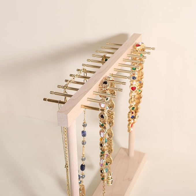 Medium necklace hanger shelf with 12 copper bars, Wooden jewelry storage organizer rack for hanger necklace bracelet, necklace display stand for boutique store【Maple】