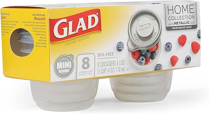Glad GladWare Home Collection Mini Round Food Storage Containers, Small BPA Free Plastic with Silver Metallic Lid, Snack and Portion Control Containers, Microwave Dishwasher Safe, 4 Oz, 8 Count