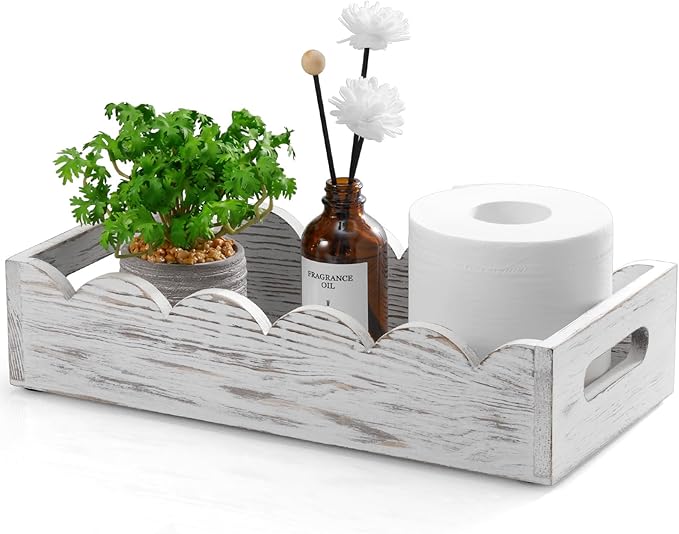 Bathroom Basket for Toilet Tank - White Wood Toilet Basket with Decorative Wavy Panels, Back of Toilet Organizer for Organizing Toilet Paper, Towels, and Bathroom Accessories