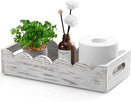 Bathroom Basket for Toilet Tank - White Wood Toilet Basket with Decorative Wavy Panels, Back of Toilet Organizer for Organizing Toilet Paper, Towels, and Bathroom Accessories