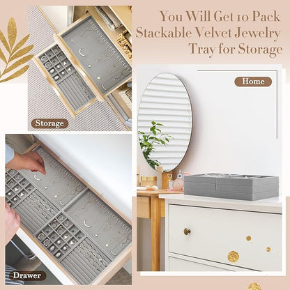Cinnvoice Set of 10 Stackable Jewelry Organizer Trays for Drawer 14 Inch Velvet Jewelry Drawer Insert Display Storage with Removable Divider for Necklace Earring Ring Watch Bracelet (Gray)