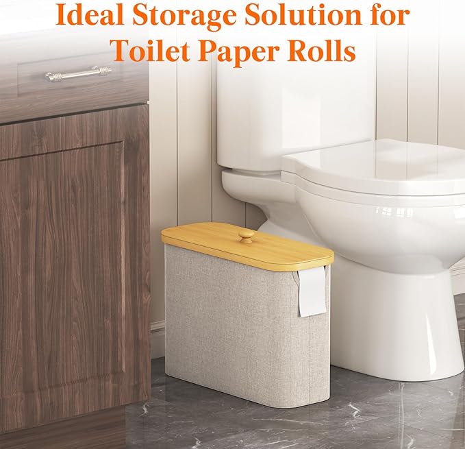 Lifewit Toilet Paper Storage Holder for 9 to 12 Rolls, Free Standing Toilet Paper Basket Stand with Bamboo Lid, Collapsible Fabric Bathroom Organizer Box for Mega Rolls, 23L, Large, White, Beige