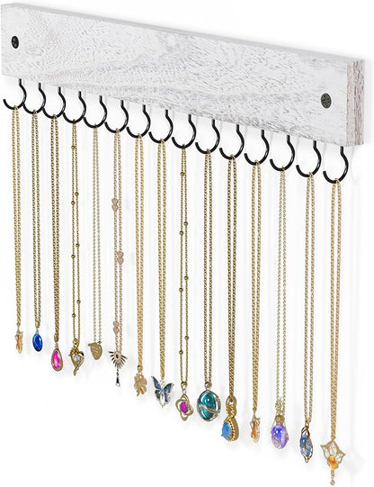 Lolalet Wooden Necklace Holder for Wall with 15 Hooks, Necklaces Hanger Easy Install Wall Mount Necklace Organizer, Jewelry Hangers for Chains, Bracelets, Earrings -Vintage