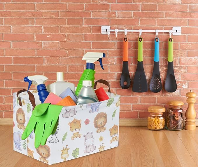 Rectangular Kids Storage Bins,Baby Baskets Organizer.Waterproof PE Coating Cute Basket with Handles.Woodland Nursery Decor,Toys Box,Books Basket, (Cute Animal)