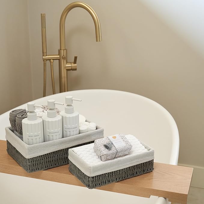 Beautiful Toilet Paper Storage Basket Set of 2 – Decorative Wicker Bathroom Organizer for Toilet Tank Trays - Quality Holder Bin for Shelves Fits Perfectly with Any Bathroom Decor