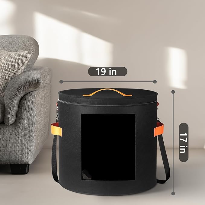 kushon Oversized Hat Storage Box for Women & Men，19" D x 17" H Cowboy Hat Boxes with 1 Wood Hook Felt travel Round Hat Organizer Box with Dustproof Lid (Black)