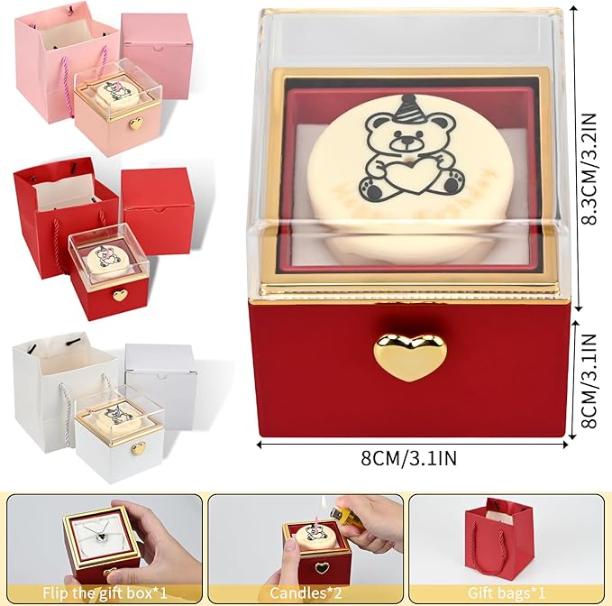 Rotating jewelry box, pop-up surprise gift box, romantic birthday surprise rotating necklace and ring box, Valentine's Day, birthday, anniversary, wedding gift (Red)