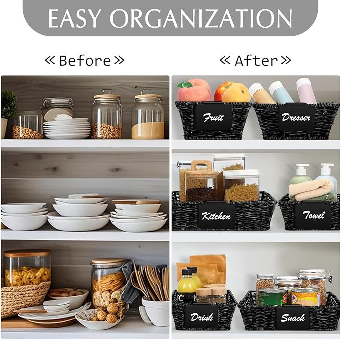 Marsui 9 Pcs Wicker Storage Baskets for Pantry Organization with Handle Labels Handwoven Multi-size Brown Small Organizer Baskets Storage Bins Container for Shelves Closet Toilet Christmas Holiday
