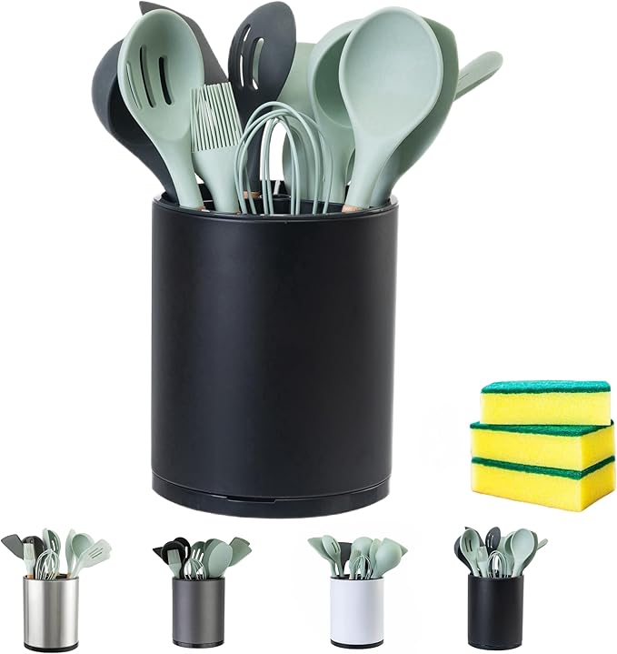 LIBODOUR Utensil Holder,4-in-1 Large Kitchen Utensil Holder For Counter,Rotating Silverware Organizer Cooking Flatware Spoon Spatula Tool Cutlery Container Stainless Steel Caddy