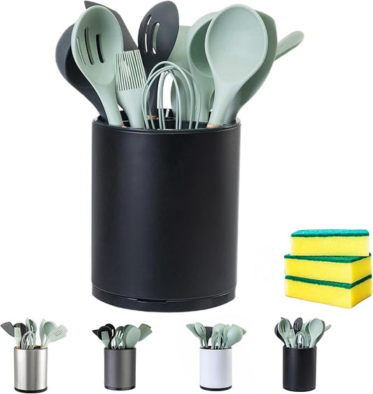 LIBODOUR Utensil Holder,4-in-1 Large Kitchen Utensil Holder For Counter,Rotating Silverware Organizer Cooking Flatware Spoon Spatula Tool Cutlery Container Stainless Steel Caddy