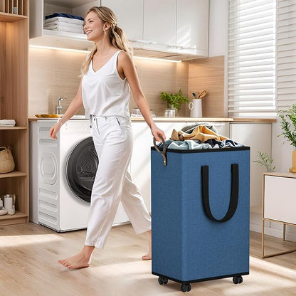 SpaceTrove Laundry Basket with Wheels, Collapsible Laundry Baskets, Laundry Hamper with Handles Detachable Wheels, Rolling Laundry Basket, Dirty Clothes Hamper for Bathroom, Dorm, Bedroom, Navy, 100L